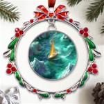 Dolphin Swimming Sea Ocean Metal X mas Wreath Ribbon Ornament Front