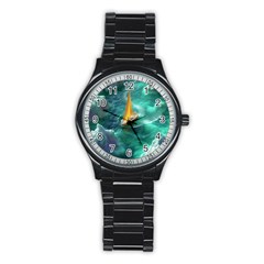 Moon Moonlit Forest Fantasy Midnight Stainless Steel Round Watch by Cemarart