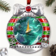 Seascape Boat Sailing Metal X mas Ribbon With Red Crystal Round Ornament by Cemarart