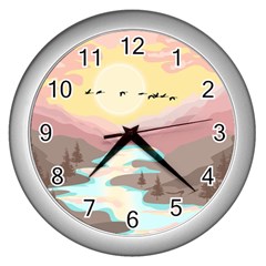 Mountain Birds River Sunset Nature Wall Clock (silver) by Cemarart