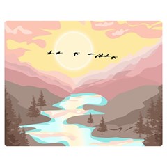 Mountain Birds River Sunset Nature Two Sides Premium Plush Fleece Blanket (medium) by Cemarart