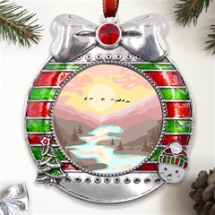 Mountain Birds River Sunset Nature Metal X mas Ribbon With Red Crystal Round Ornament by Cemarart