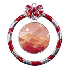 Mountains Sunset Landscape Nature Metal Red Ribbon Round Ornament