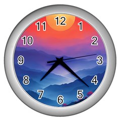 Valley Night Mountains Wall Clock (silver) by Cemarart