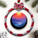 Valley Night Mountains Metal Red Ribbon Round Ornament Front