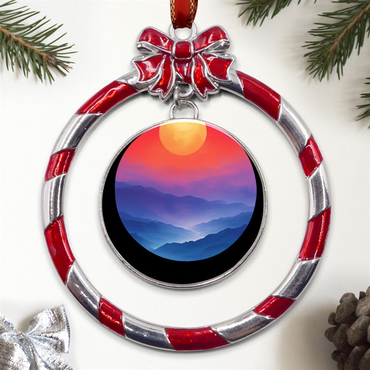 Valley Night Mountains Metal Red Ribbon Round Ornament