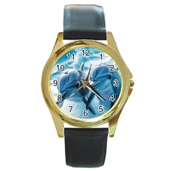 Dolphin Swimming Sea Ocean Round Gold Metal Watch by Cemarart