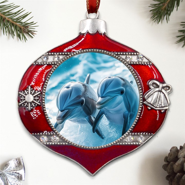 Dolphin Swimming Sea Ocean Metal Snowflake And Bell Red Ornament