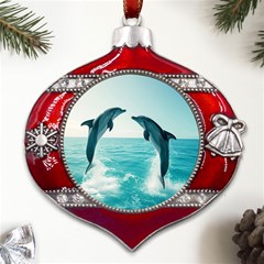 Dolphin Sea Ocean Metal Snowflake And Bell Red Ornament by Cemarart