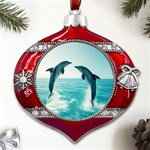 Dolphin Sea Ocean Metal Snowflake And Bell Red Ornament Front