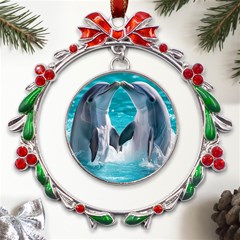 Dolphins Sea Ocean Metal X mas Wreath Ribbon Ornament by Cemarart