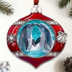 Dolphins Sea Ocean Metal Snowflake And Bell Red Ornament by Cemarart