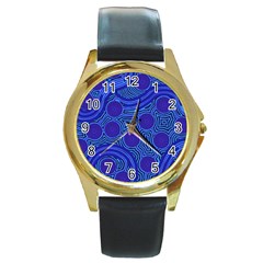 Authentic Aboriginal Art - Rivers Around Us Round Gold Metal Watch by hogartharts