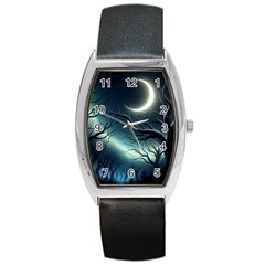 Moon Moonlit Forest Fantasy Midnight Barrel Style Metal Watch by Cemarart