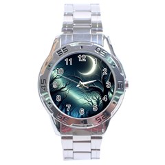 Moon Moonlit Forest Fantasy Midnight Stainless Steel Analogue Watch