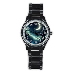 Moon Moonlit Forest Fantasy Midnight Stainless Steel Round Watch by Cemarart