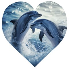 Dolphins Sea Ocean Water Wooden Puzzle Heart by Cemarart