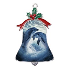 Dolphins Sea Ocean Water Metal Holly Leaf Bell Ornament