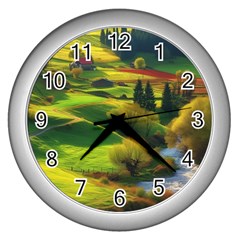 Countryside Landscape Nature Wall Clock (silver) by Cemarart