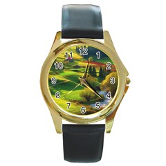 Countryside Landscape Nature Round Gold Metal Watch by Cemarart