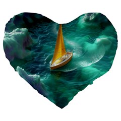 Seascape Boat Sailing Large 19  Premium Flano Heart Shape Cushions by Cemarart