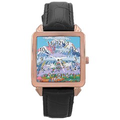 Art Psychedelic Mountain Rose Gold Leather Watch  by Cemarart