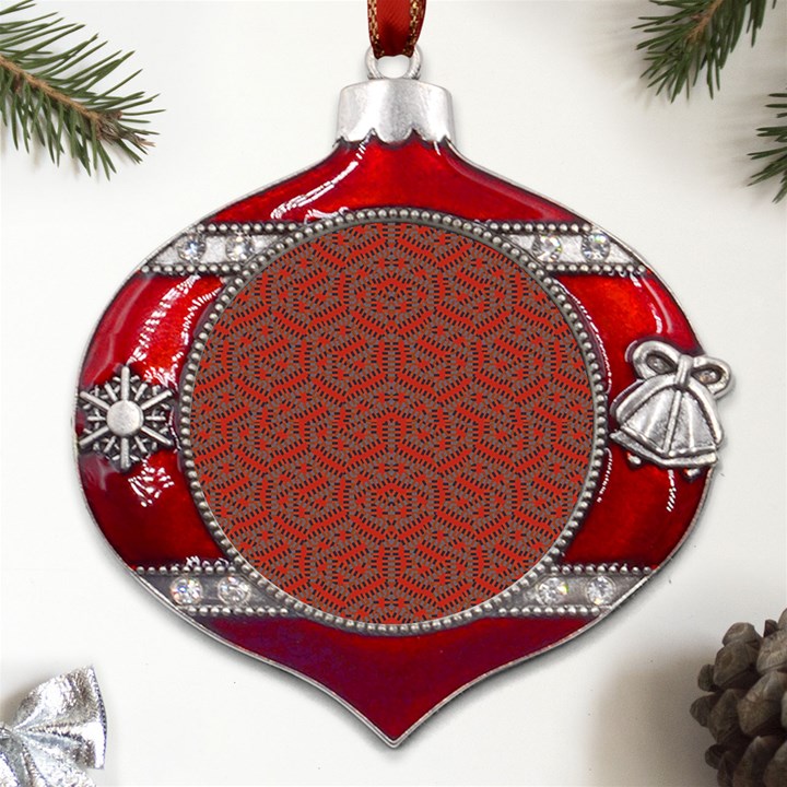 Hexagon Motif Geometric Tribal Style Pattern Metal Snowflake And Bell Red Ornament