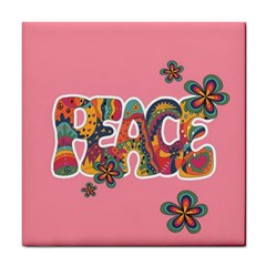 Flower Power Hippie Boho Love Peace Text Pink Pop Art Spirit Tile Coaster by Grandong