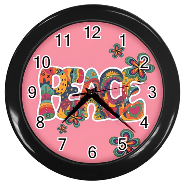 Flower Power Hippie Boho Love Peace Text Pink Pop Art Spirit Wall Clock (Black)