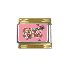 Flower Power Hippie Boho Love Peace Text Pink Pop Art Spirit Gold Trim Italian Charm (9mm) by Grandong