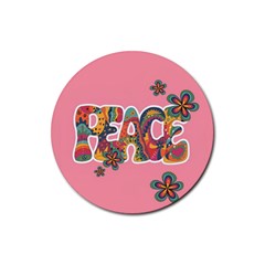 Flower Power Hippie Boho Love Peace Text Pink Pop Art Spirit Rubber Coaster (round) by Grandong