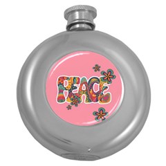 Flower Power Hippie Boho Love Peace Text Pink Pop Art Spirit Round Hip Flask (5 Oz) by Grandong