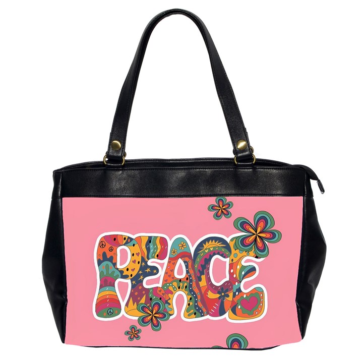 Flower Power Hippie Boho Love Peace Text Pink Pop Art Spirit Oversize Office Handbag (2 Sides)