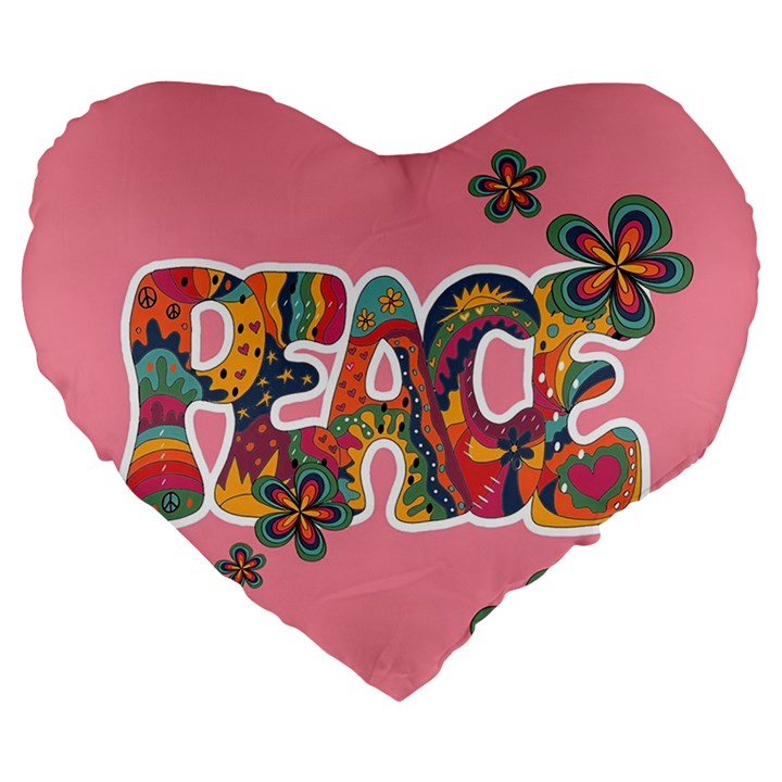 Flower Power Hippie Boho Love Peace Text Pink Pop Art Spirit Large 19  Premium Heart Shape Cushions