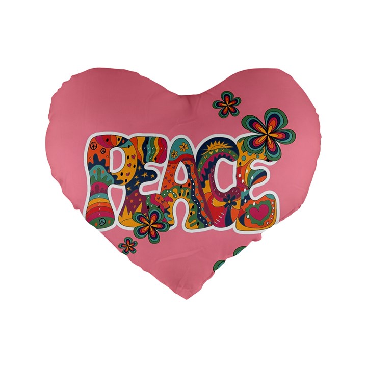 Flower Power Hippie Boho Love Peace Text Pink Pop Art Spirit Standard 16  Premium Flano Heart Shape Cushions