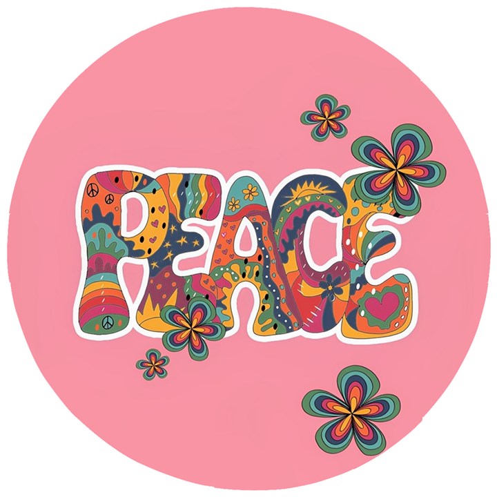 Flower Power Hippie Boho Love Peace Text Pink Pop Art Spirit Wooden Puzzle Round