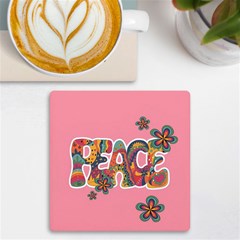 Flower Power Hippie Boho Love Peace Text Pink Pop Art Spirit Uv Print Square Tile Coaster  by Grandong