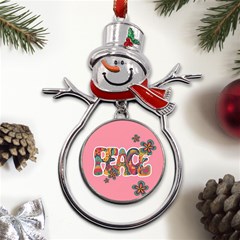 Flower Power Hippie Boho Love Peace Text Pink Pop Art Spirit Metal Snowman Ornament by Grandong