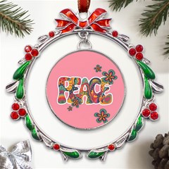 Flower Power Hippie Boho Love Peace Text Pink Pop Art Spirit Metal X mas Wreath Ribbon Ornament by Grandong