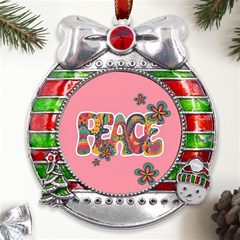 Flower Power Hippie Boho Love Peace Text Pink Pop Art Spirit Metal X mas Ribbon With Red Crystal Round Ornament by Grandong