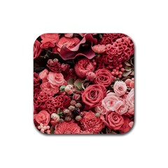 Pink Roses Flowers Love Nature Rubber Coaster (square) by Grandong