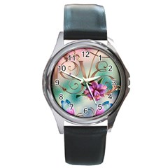 Love Amour Butterfly Colors Flowers Text Round Metal Watch by Grandong