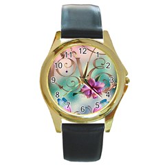 Love Amour Butterfly Colors Flowers Text Round Gold Metal Watch by Grandong