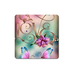 Love Amour Butterfly Colors Flowers Text Square Magnet by Grandong