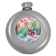 Love Amour Butterfly Colors Flowers Text Round Hip Flask (5 Oz) by Grandong