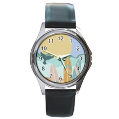 Beach Sea Surfboards Water Sand Drawing  Boho Bohemian Nature Round Metal Watch by Grandong