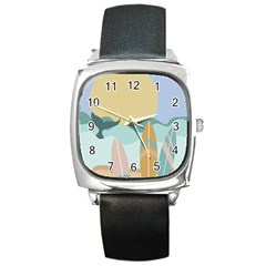 Beach Sea Surfboards Water Sand Drawing  Boho Bohemian Nature Square Metal Watch by Grandong