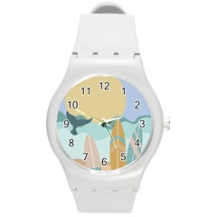 Beach Sea Surfboards Water Sand Drawing  Boho Bohemian Nature Round Plastic Sport Watch (m) by Grandong