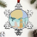 Beach Sea Surfboards Water Sand Drawing  Boho Bohemian Nature Metal Small Snowflake Ornament Front