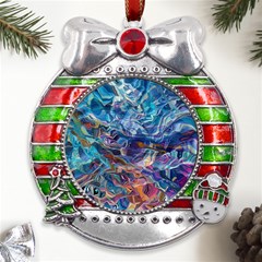 Kaleidoscopic Currents Metal X mas Ribbon With Red Crystal Round Ornament by kaleidomarblingart